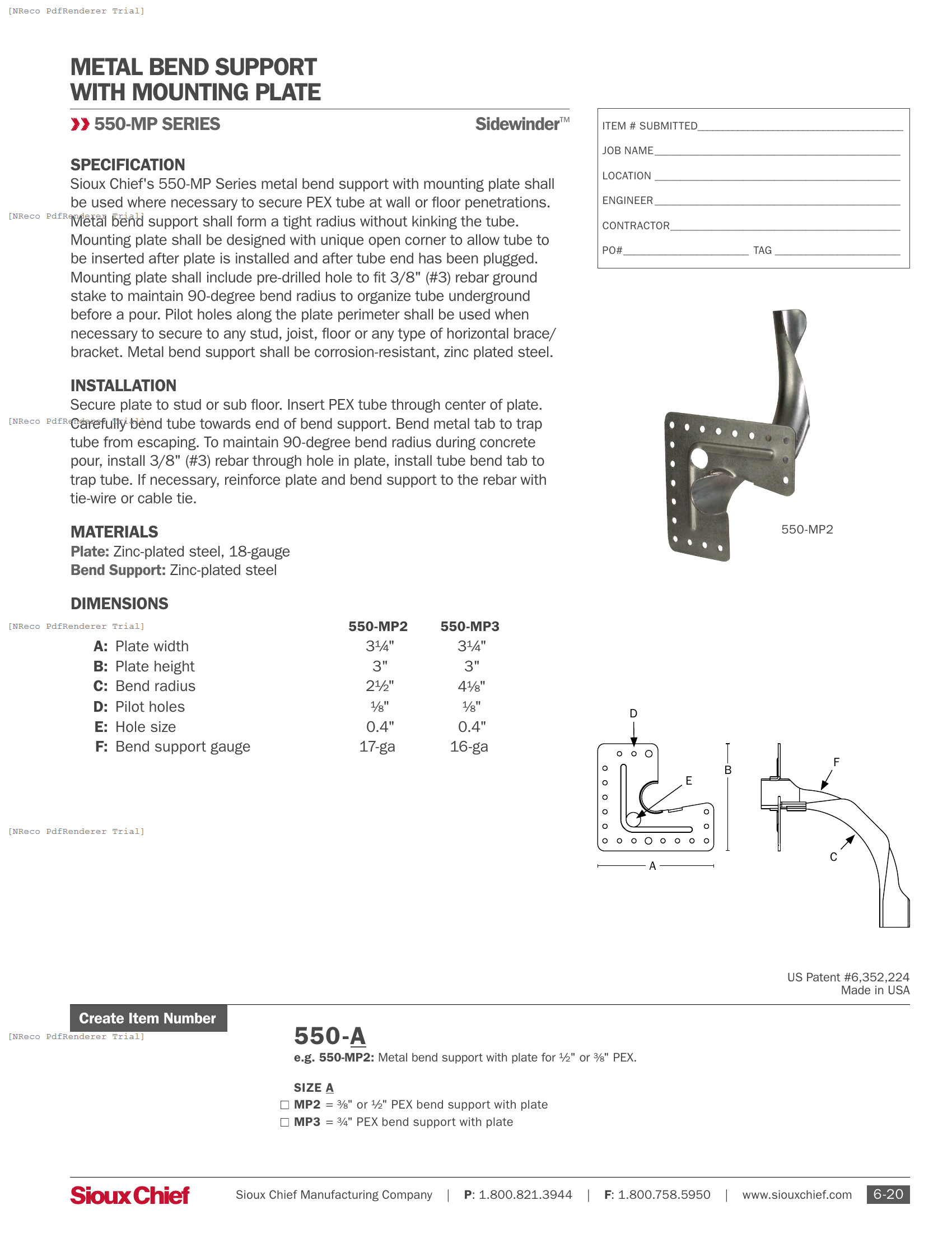 550-MP SERIES - METAL BEND SUPPORT WITH PLATE - SPEC SHEET.PDF Specification Document